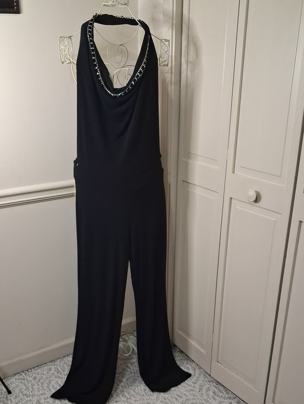 XOXO Black Halter Sequin-Trim Jumpsuit